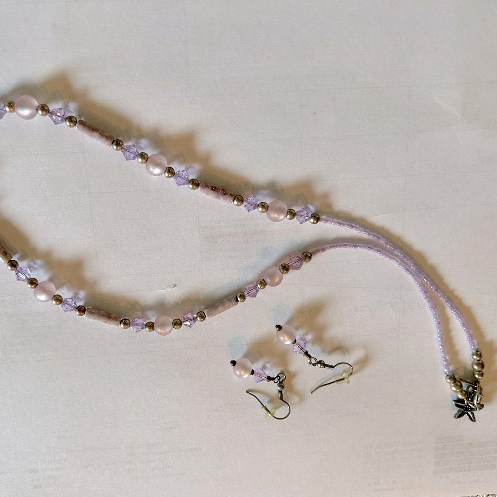 Pink beaded necklace and matching earrings